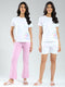 Women Purple & White Printed Round Neck Half Sleeve Combo 3Pc Set (T-Shirt, Shorts & Lower)