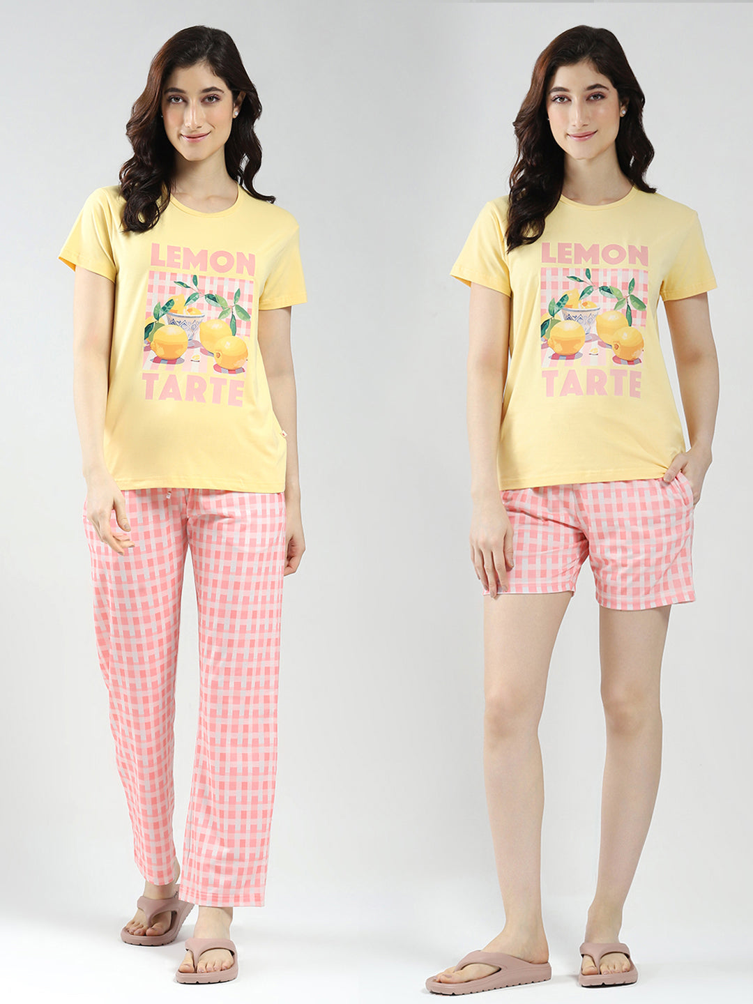 Women Yellow Printed Round Neck Half Sleeve Combo 3Pc Set (T-Shirt, Shorts & Lower)