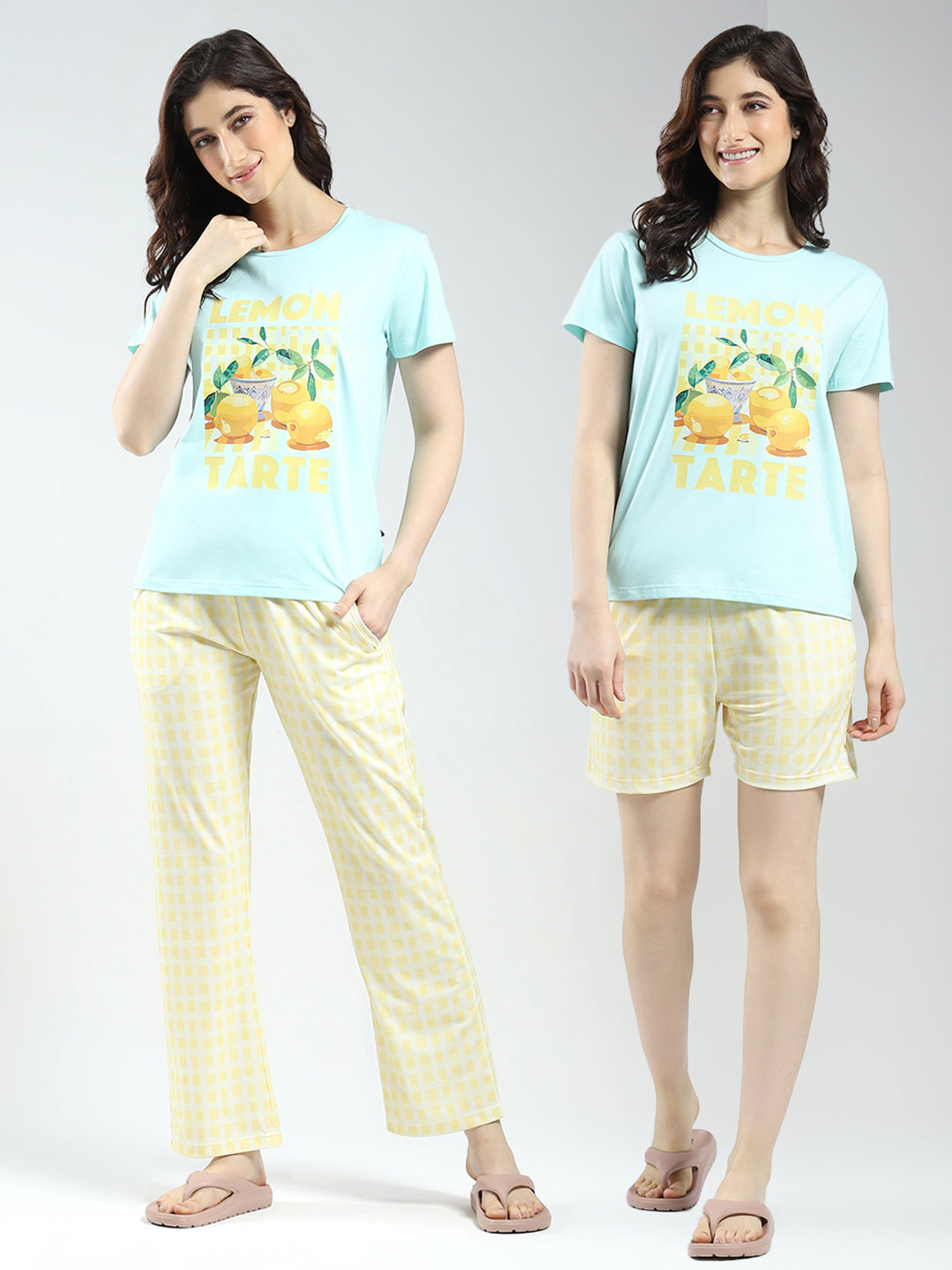 Women Blue Printed Round Neck Half Sleeve Combo 3Pc Set (T-Shirt, Shorts & Lower)