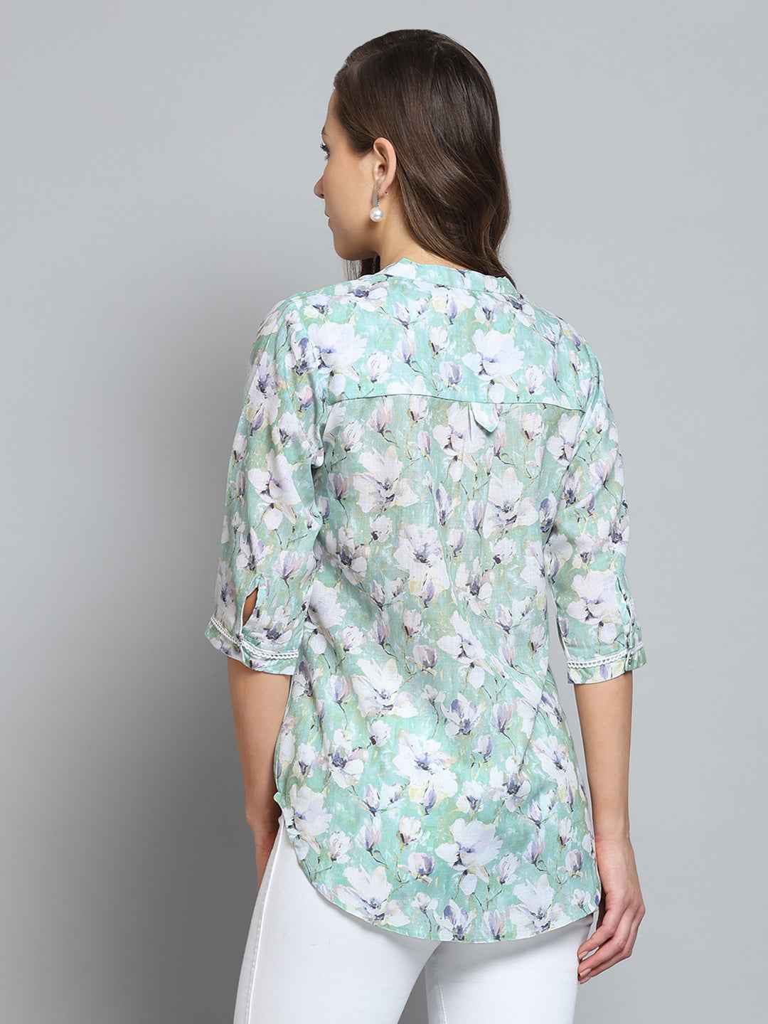 Women Green Printed Round Neck 3/4th Sleeve Top