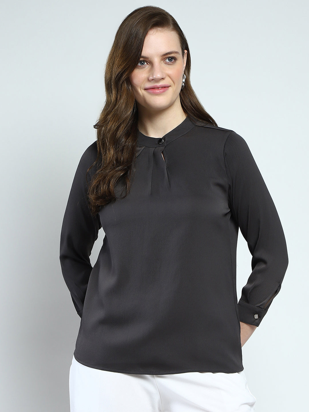 Women Grey Solid Front Open Full Sleeve Top