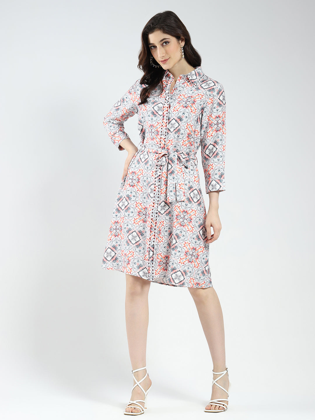 Women Grey Printed Collar 3/4th Sleeve Tunic