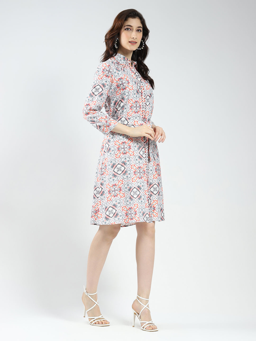 Women Grey Printed Collar 3/4th Sleeve Tunic