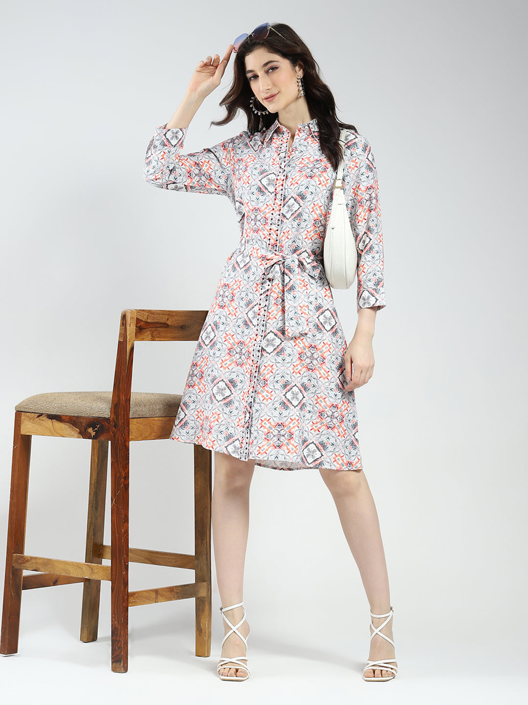Women Grey Printed Collar 3/4th Sleeve Tunic