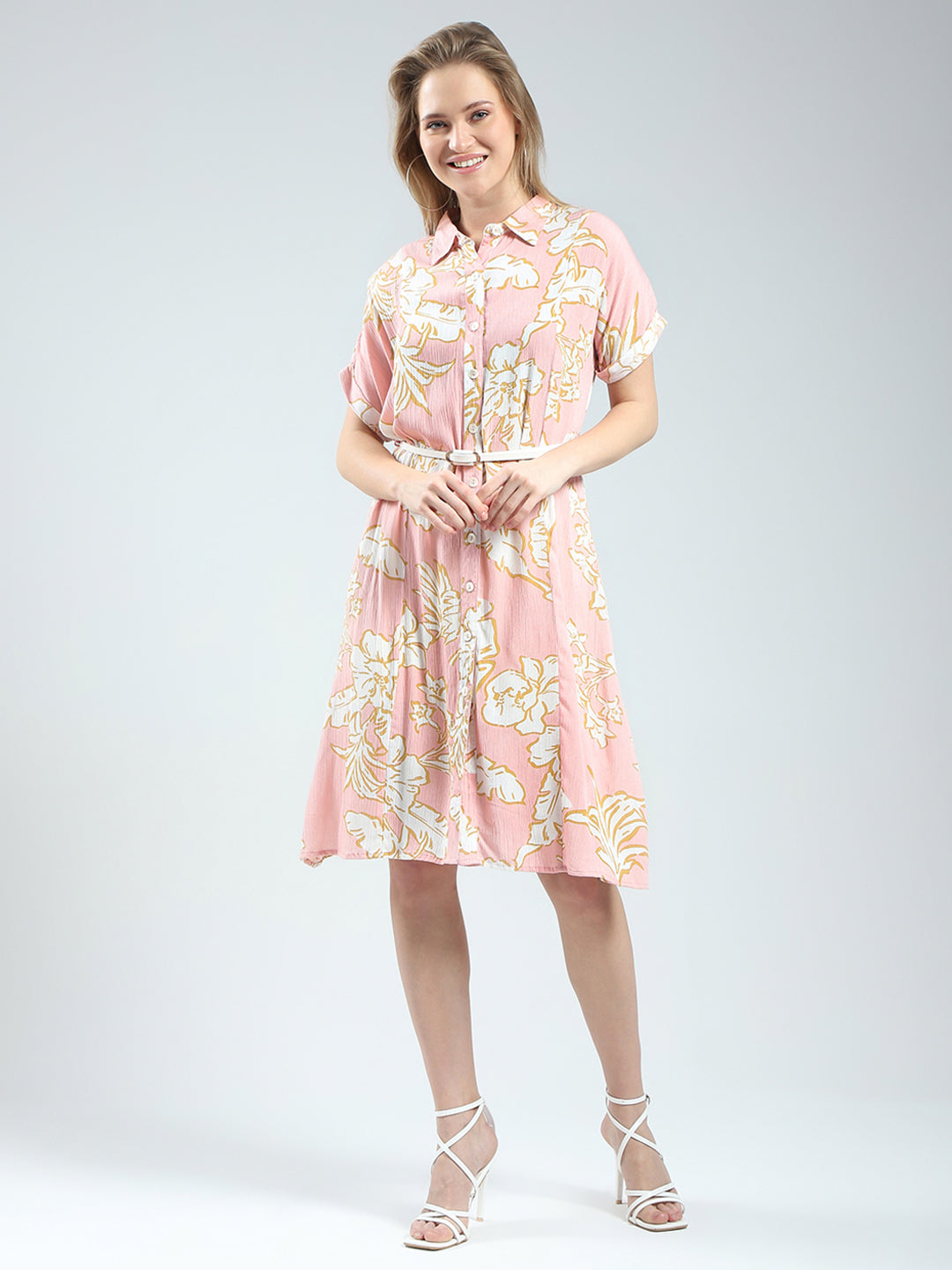 Women Pink Printed Collar Half Sleeve Tunic