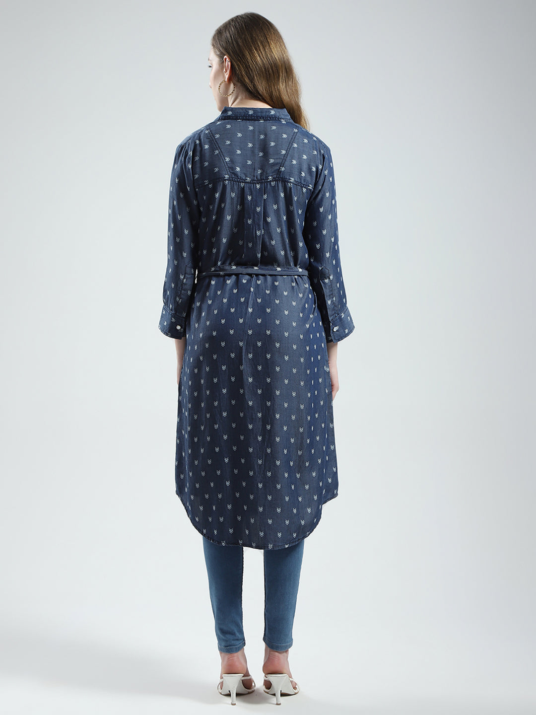 Women Blue Printed Collar 3/4th Sleeve Tunic