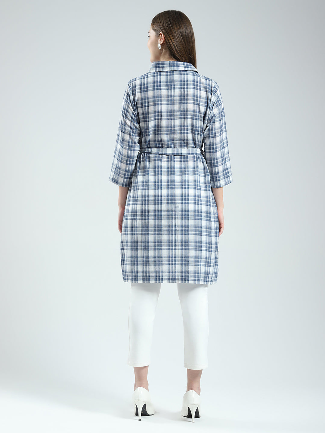 Women Blue Check Collar 3/4th Sleeve Tunic