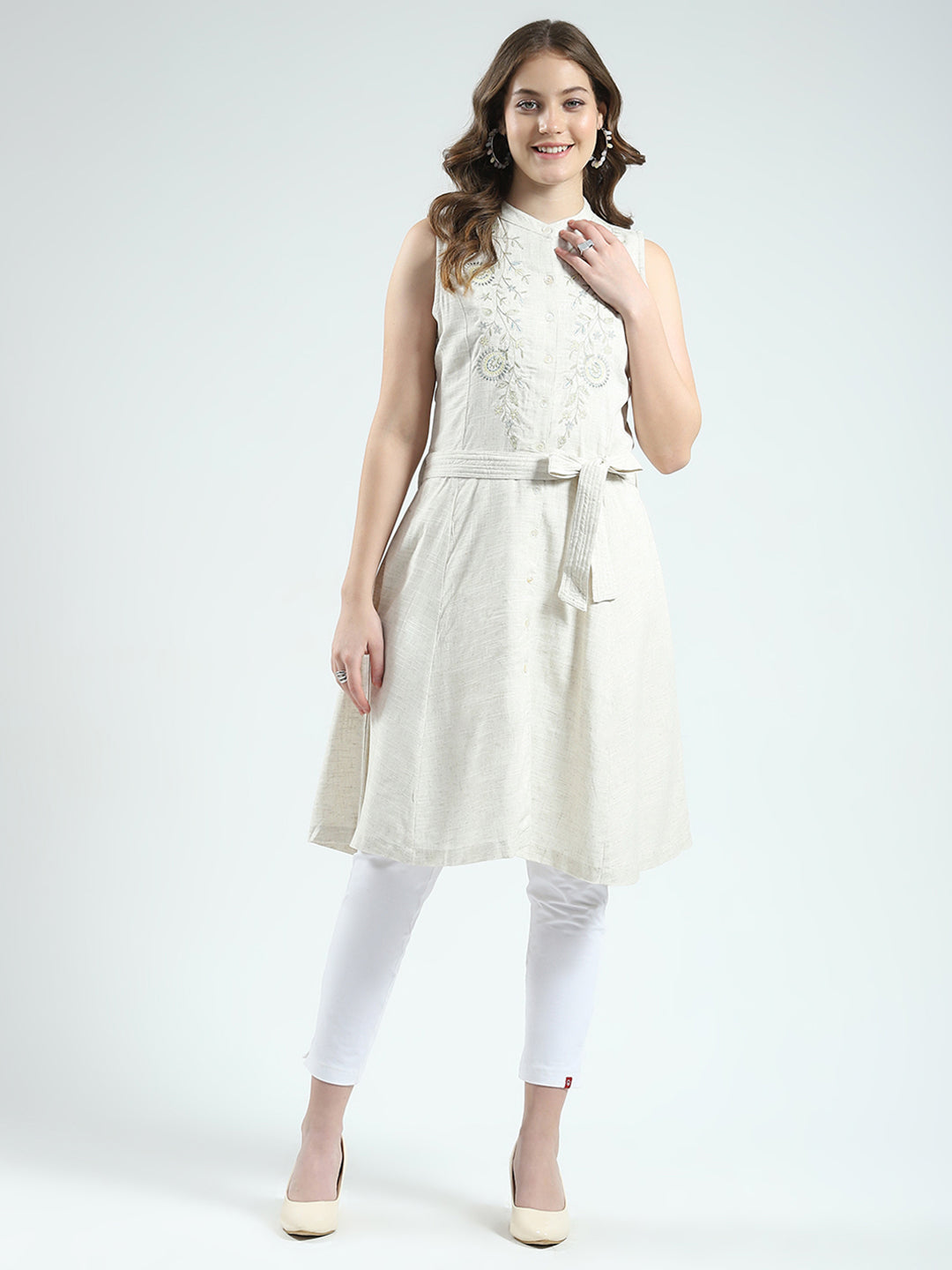 Women Beige Embroidered Round Neck Sleeveless Tunic