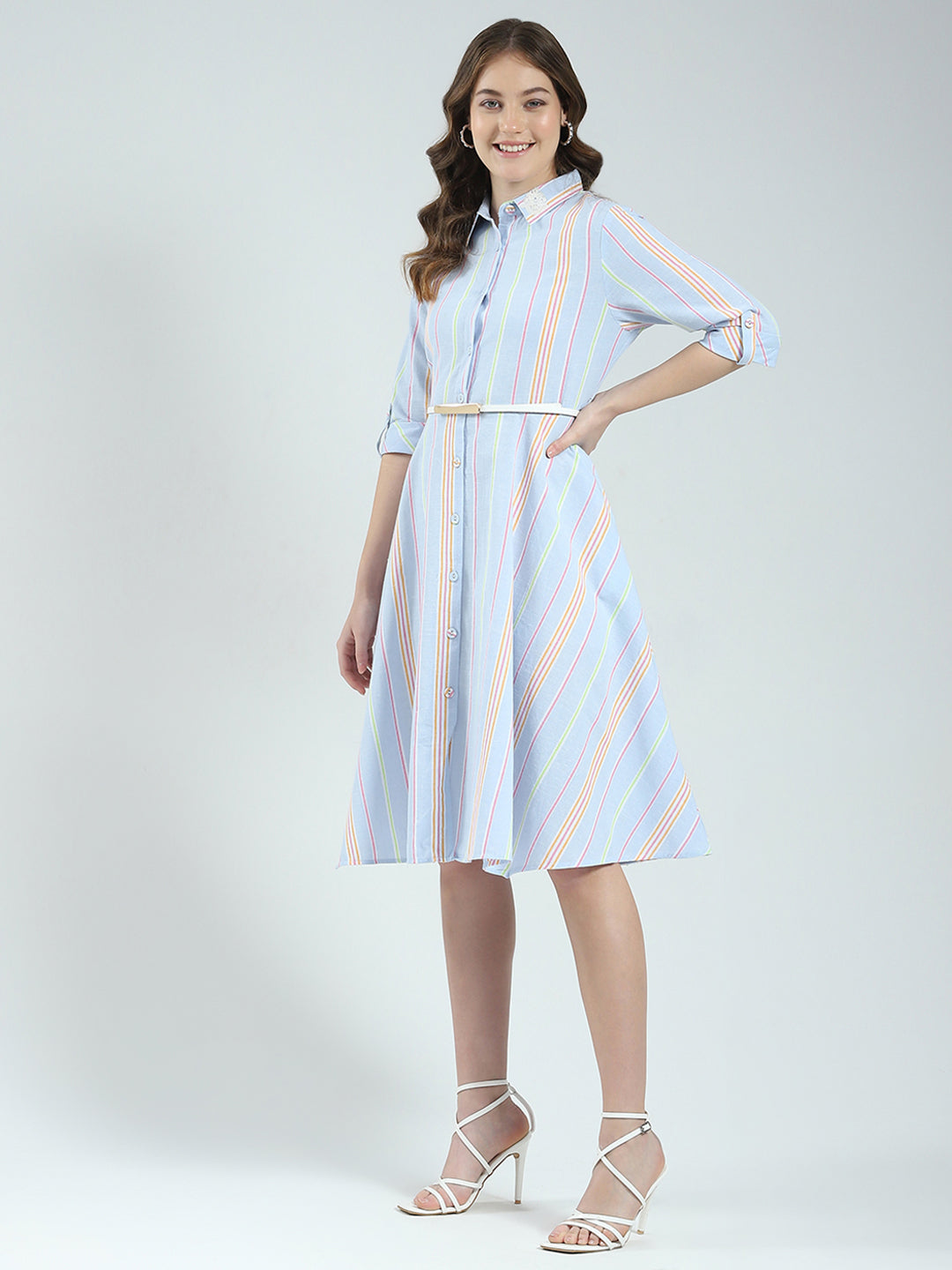 Women Blue Stripe Round Neck 3/4th Sleeve Dress