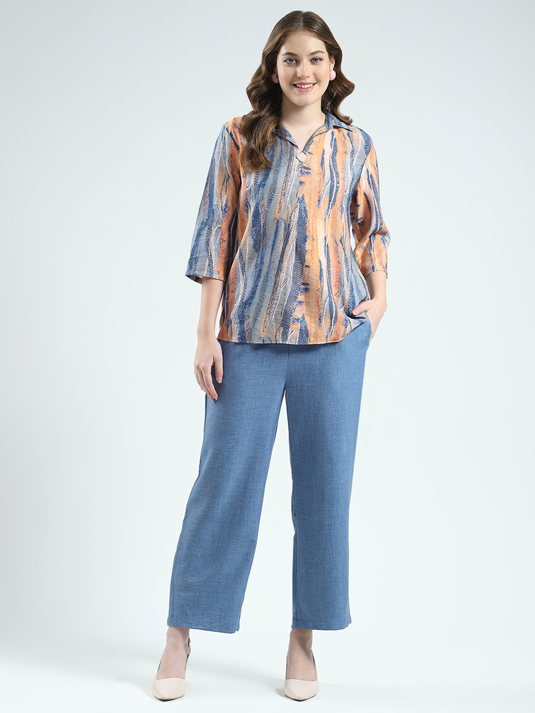 Women Blue Printed Collar 3/4th Sleeve Cords Set