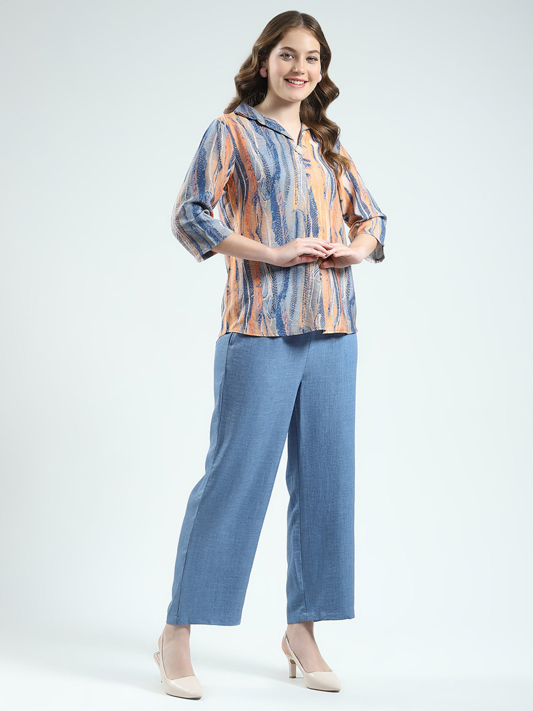Women Blue Printed Collar 3/4th Sleeve Cords Set