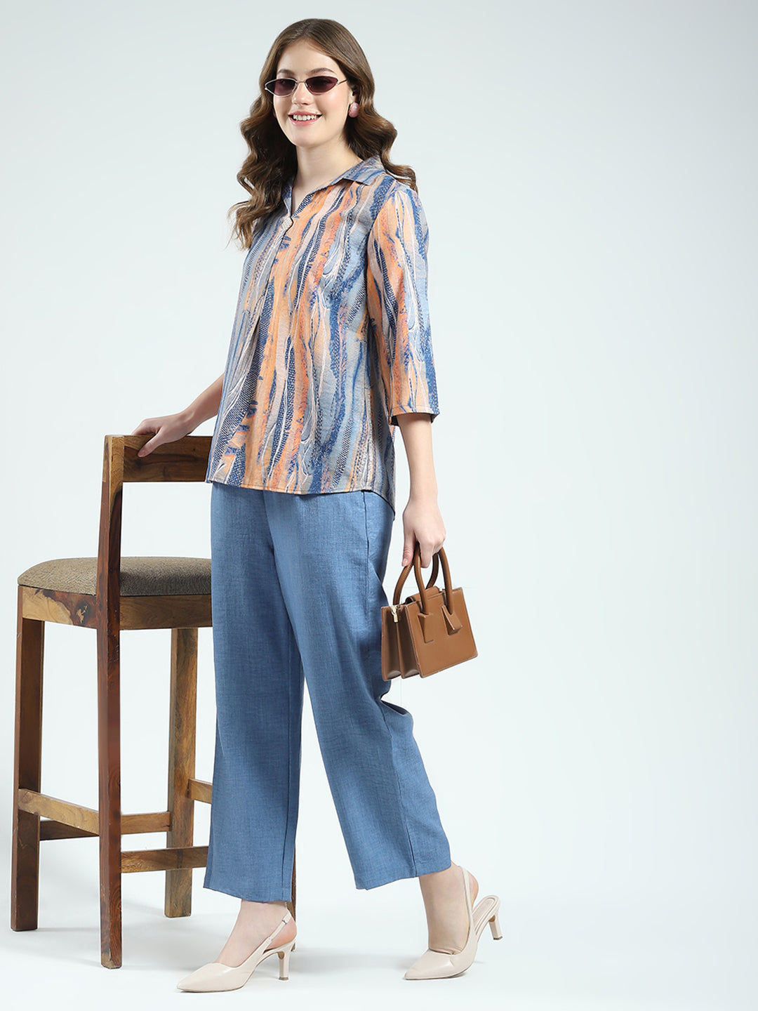 Women Blue Printed Collar 3/4th Sleeve Cords Set