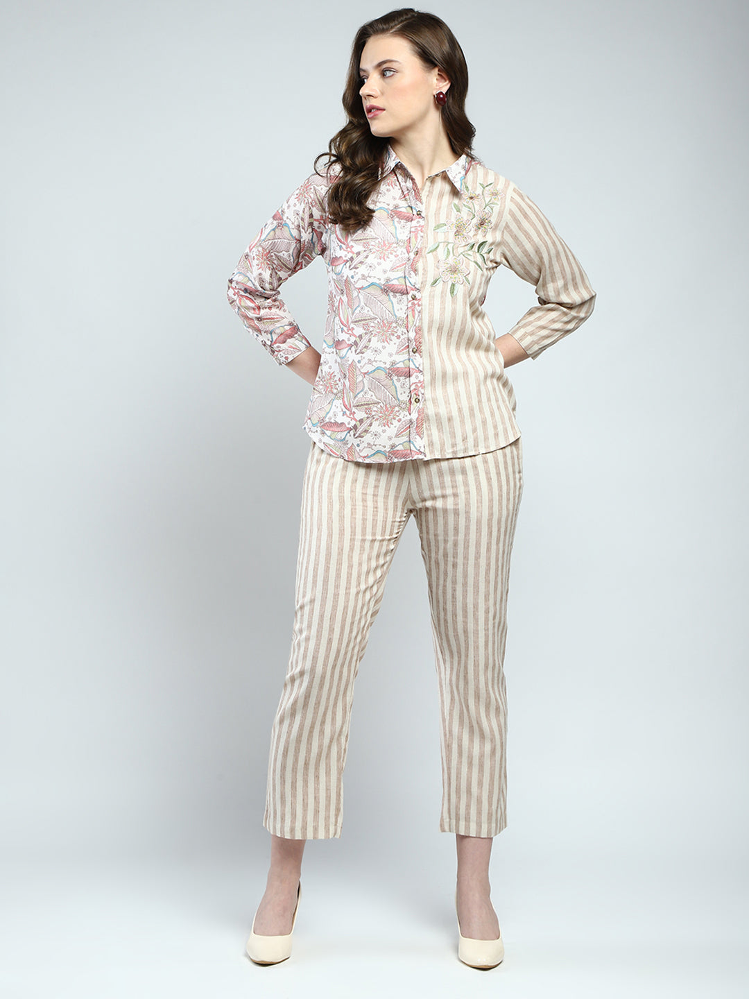 Women Beige Printed Collar Full Sleeve Cords Set
