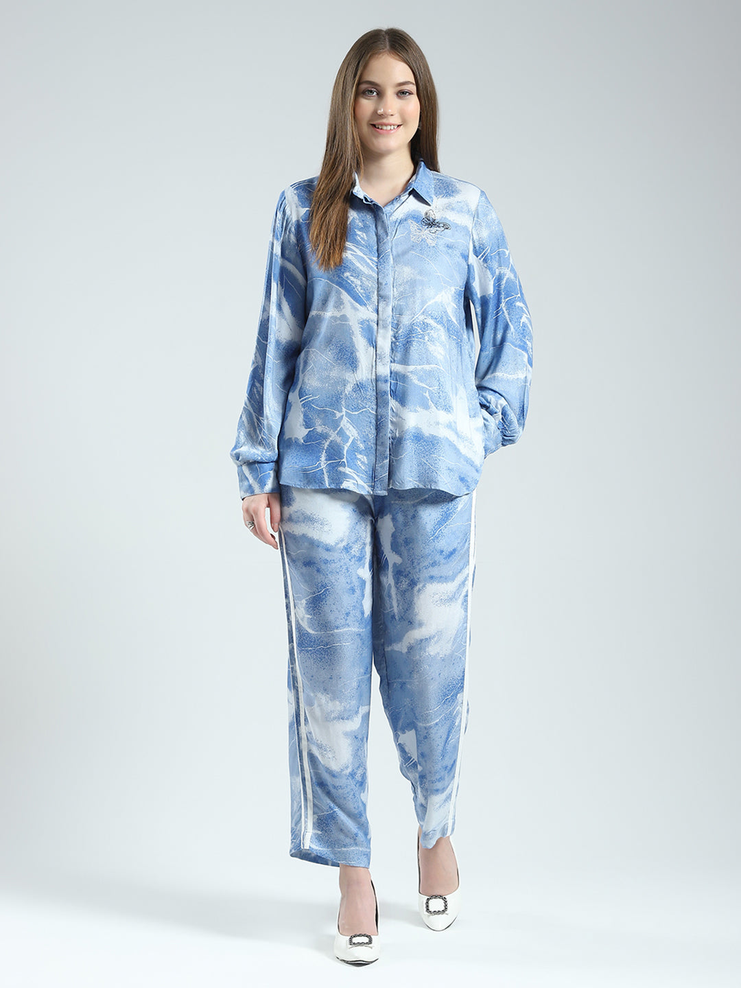 Women Blue Printed Collar Full Sleeve Cords Set