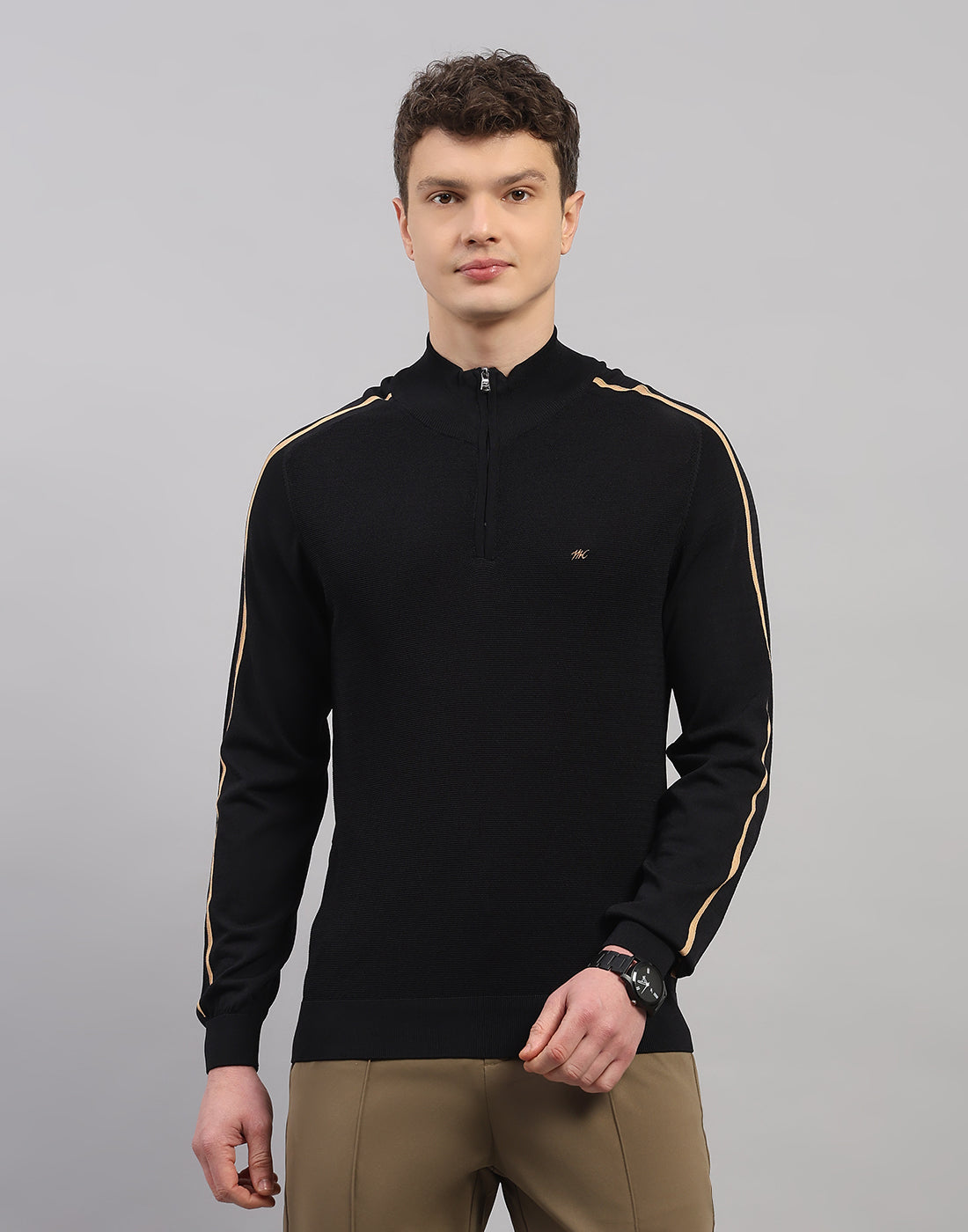 Men Black Self Design Collar Full Sleeve Winter T-Shirt