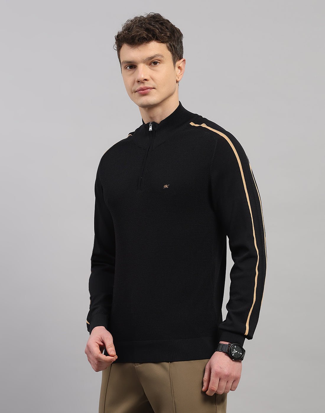 Men Black Self Design Collar Full Sleeve Winter T-Shirt
