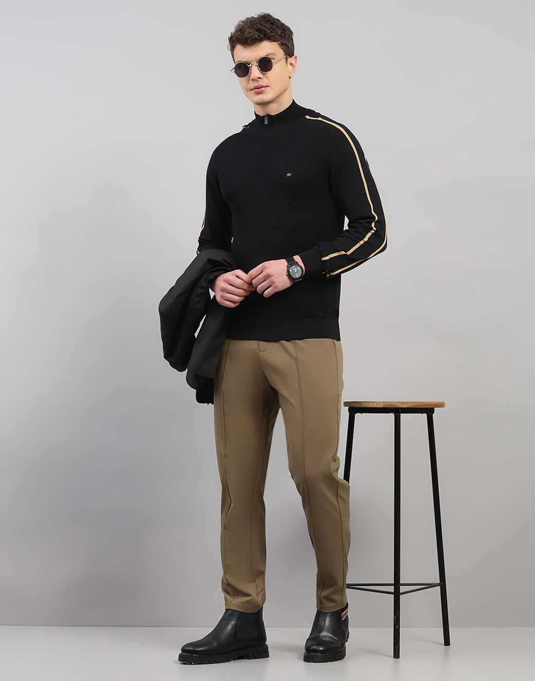 Men Black Self Design Collar Full Sleeve Winter T-Shirt