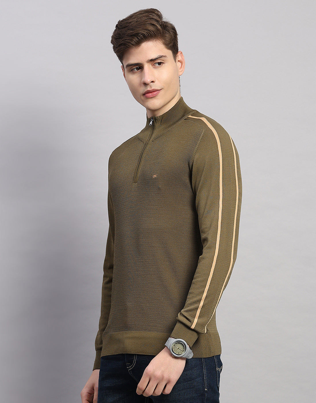 Men Olive Self Design Collar Full Sleeve Winter T-Shirt