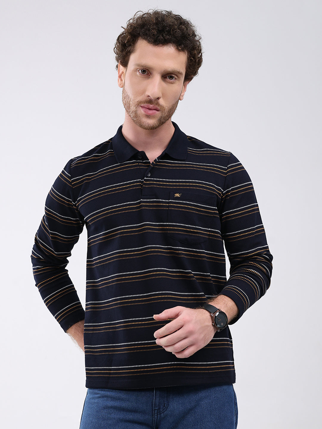 Men Navy Blue Stripe Collar Full Sleeve Winter T-Shirt