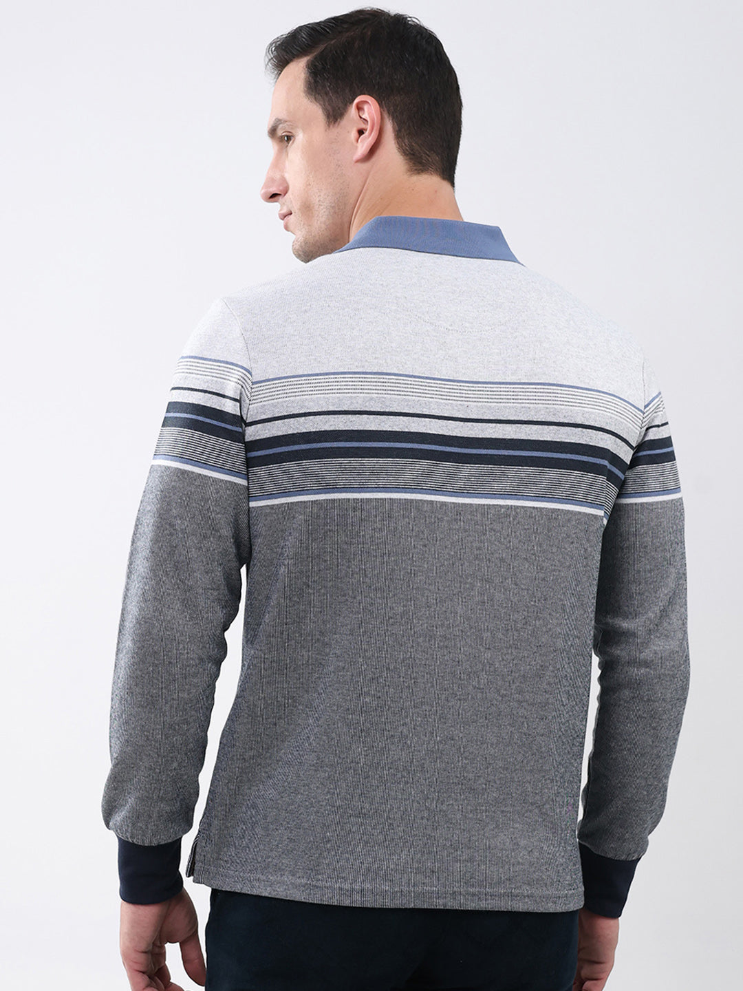 Men Grey Stripe Collar Full Sleeve Winter T-Shirt