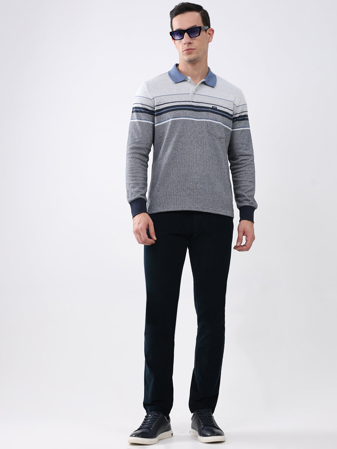 Men Grey Stripe Collar Full Sleeve Winter T-Shirt