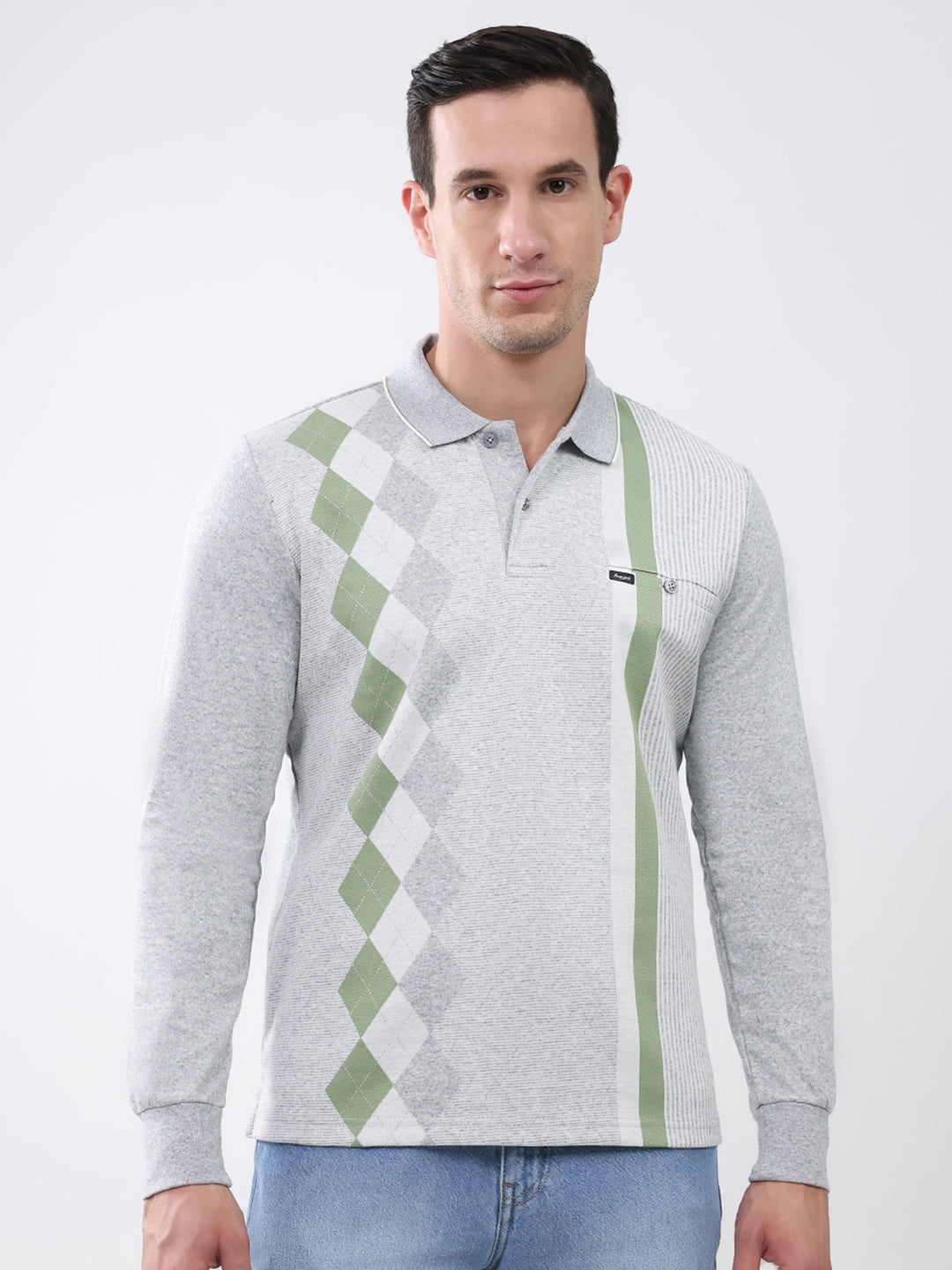 Men Grey Abstract Collar Full Sleeve Winter T-Shirt