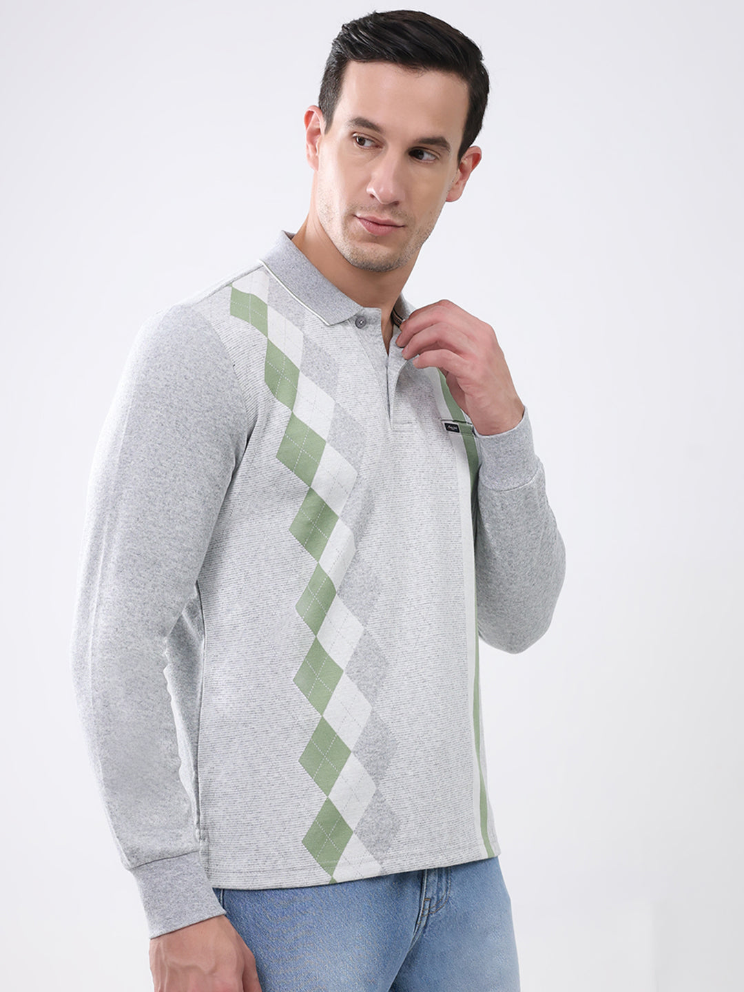 Men Grey Abstract Collar Full Sleeve Winter T-Shirt