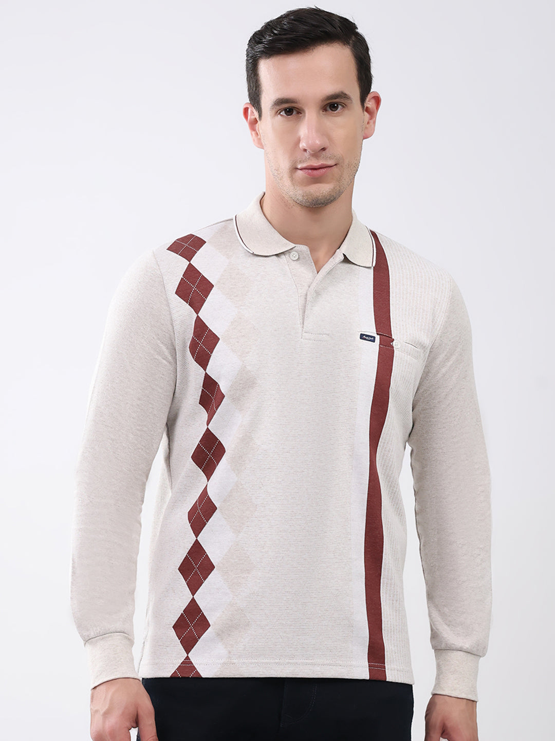 Men Beige Abstract Collar Full Sleeve Winter T-Shirt