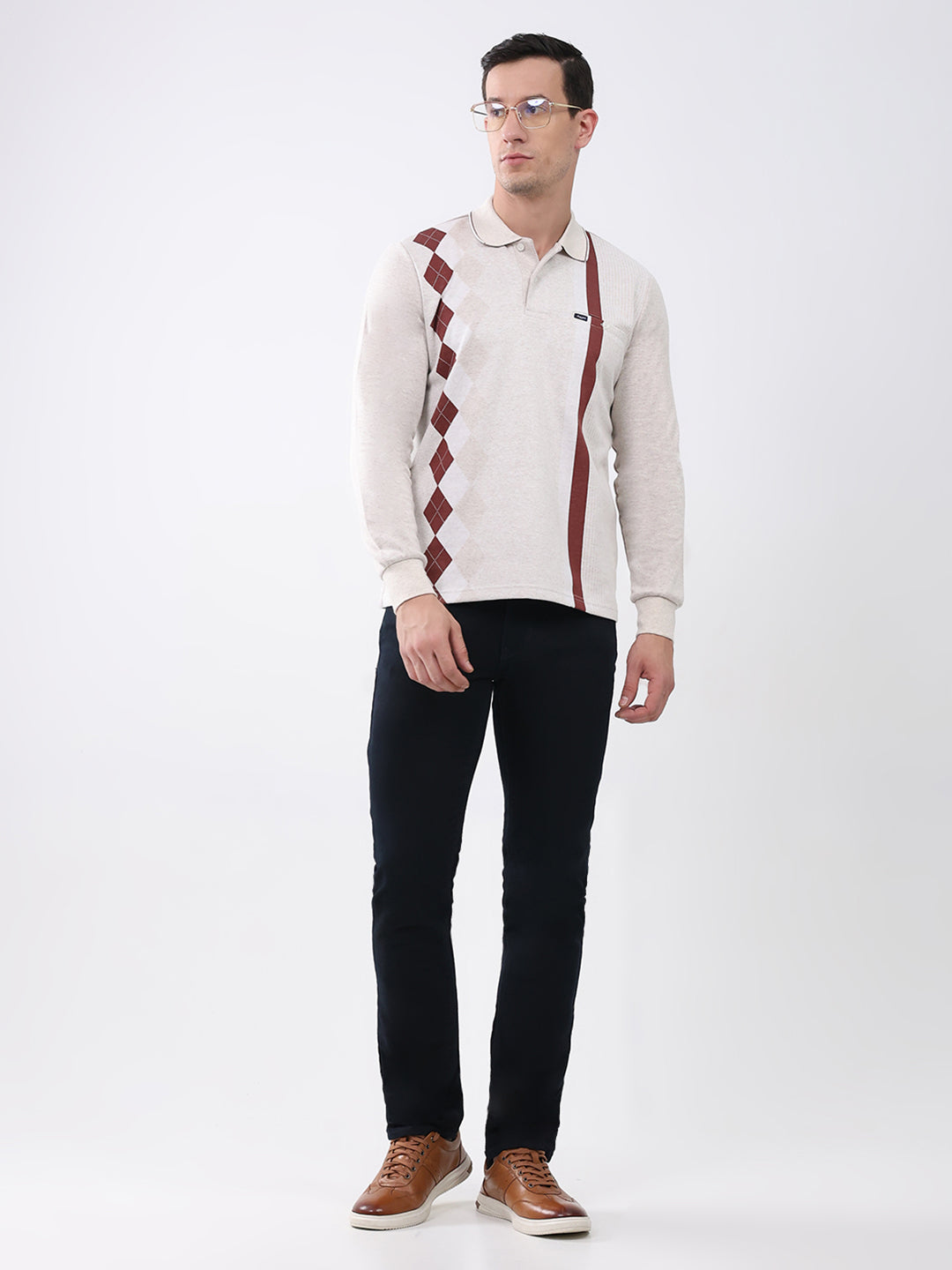 Men Beige Abstract Collar Full Sleeve Winter T-Shirt