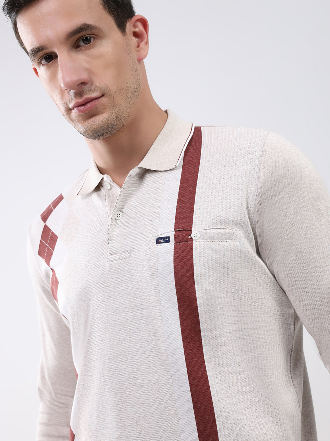 Men Beige Abstract Collar Full Sleeve Winter T-Shirt