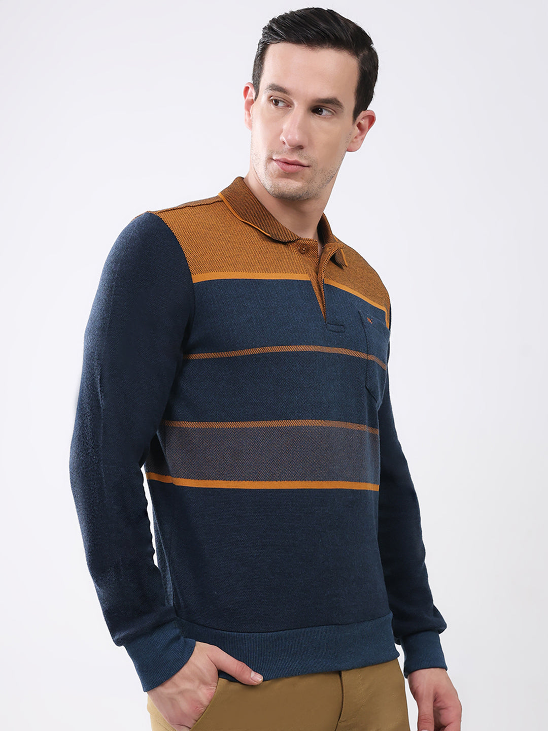 Men Navy Blue Stripe Collar Full Sleeve Winter T-Shirt