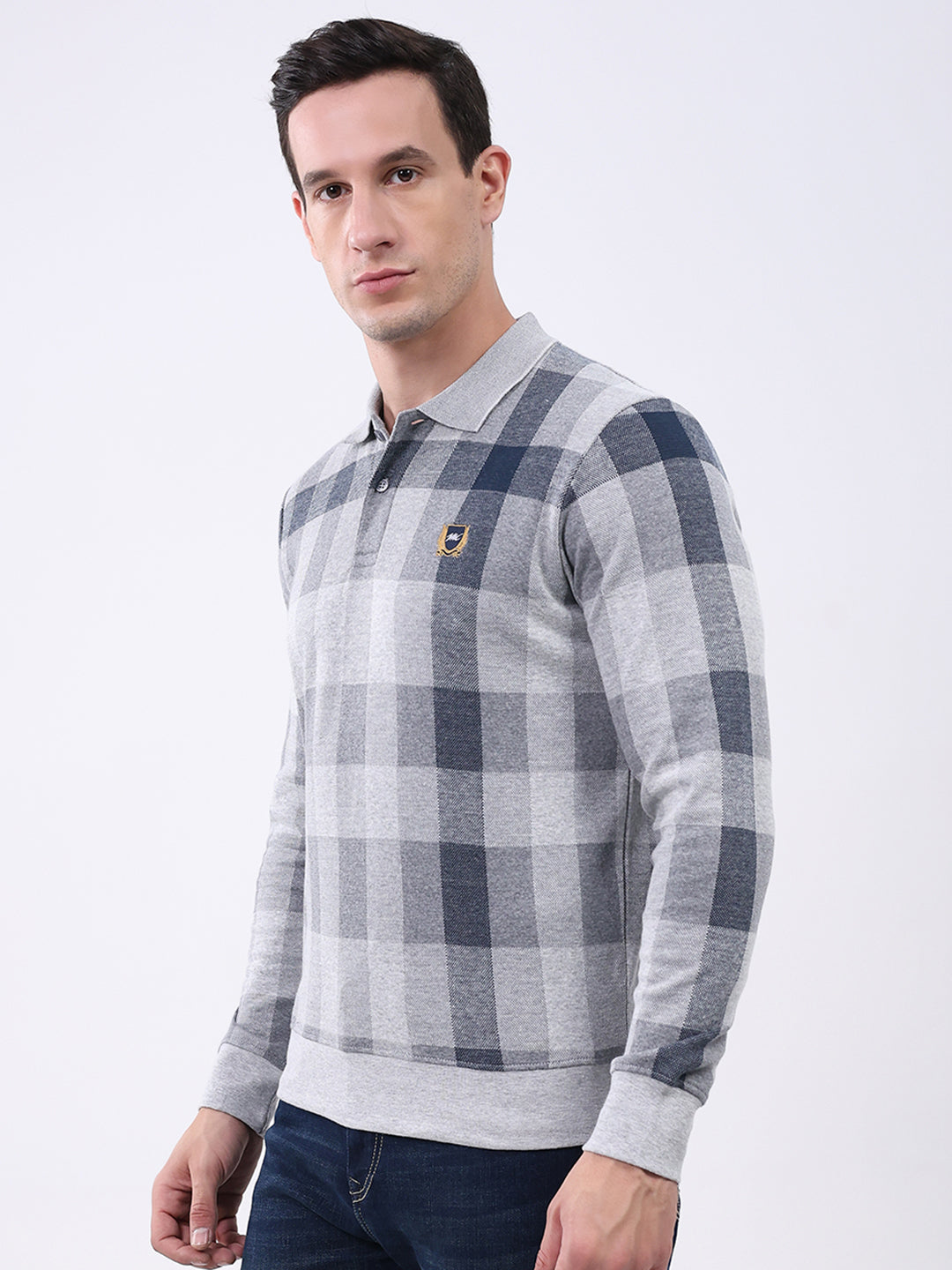 Men Grey Check Collar Full Sleeve Winter T-Shirt