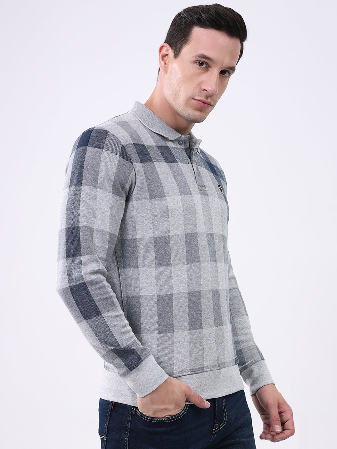 Men Grey Check Collar Full Sleeve Winter T-Shirt