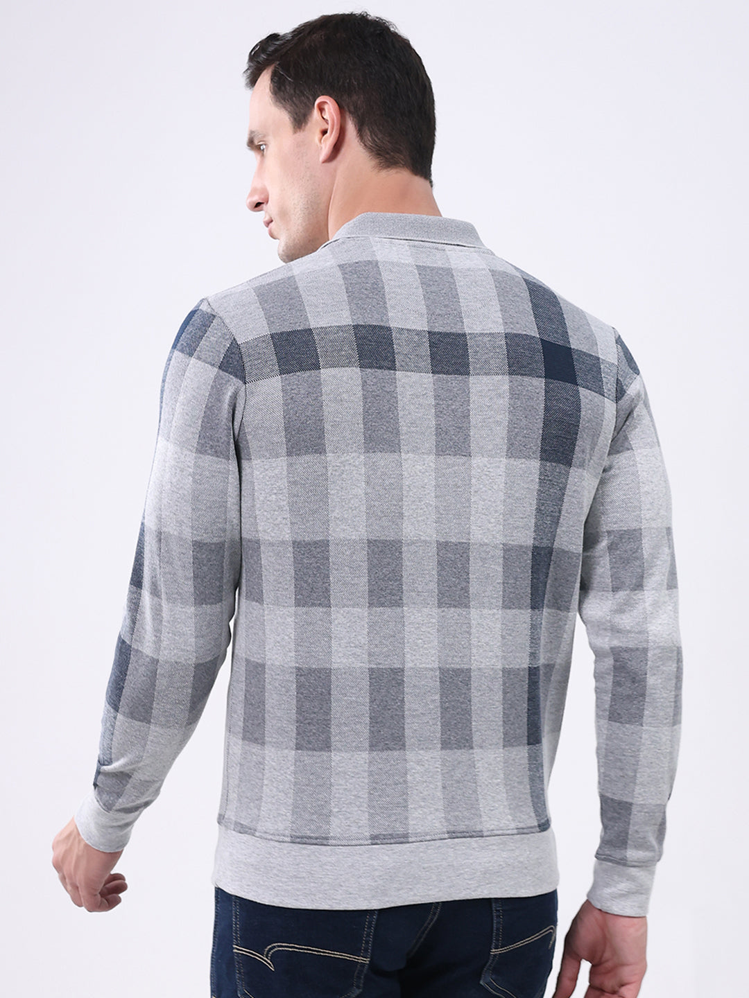Men Grey Check Collar Full Sleeve Winter T-Shirt
