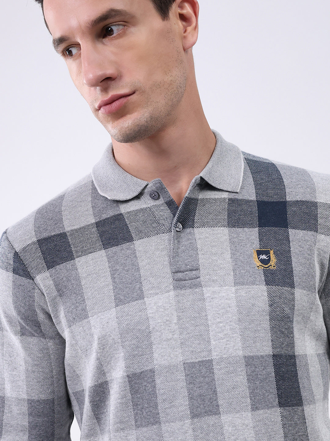 Men Grey Check Collar Full Sleeve Winter T-Shirt