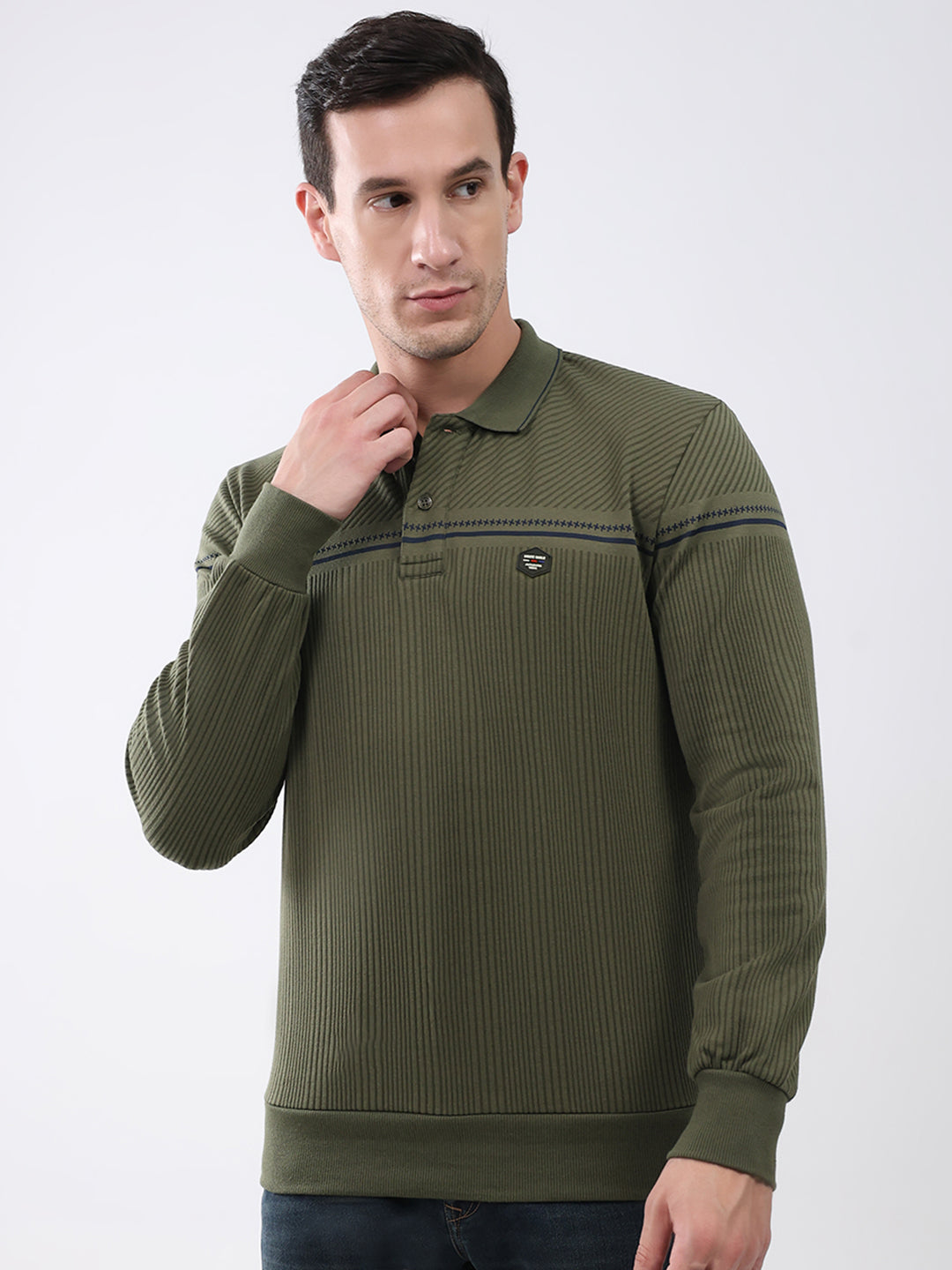 Men Olive Self Design Collar Full Sleeve Winter T-Shirt