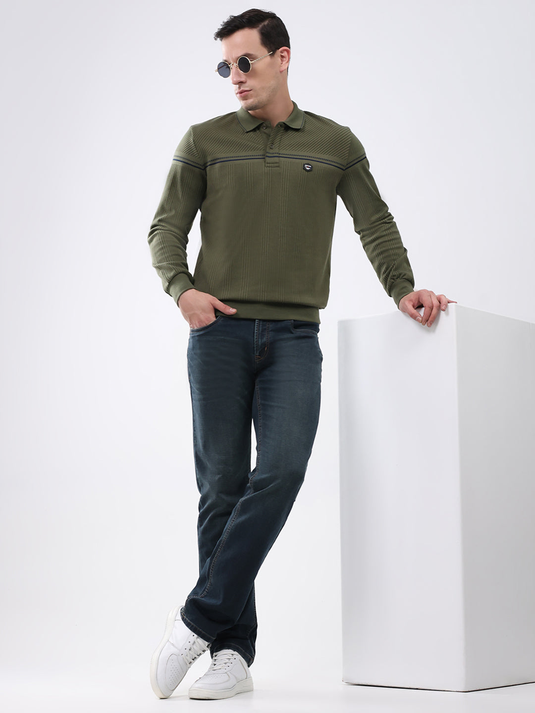 Men Olive Self Design Collar Full Sleeve Winter T-Shirt