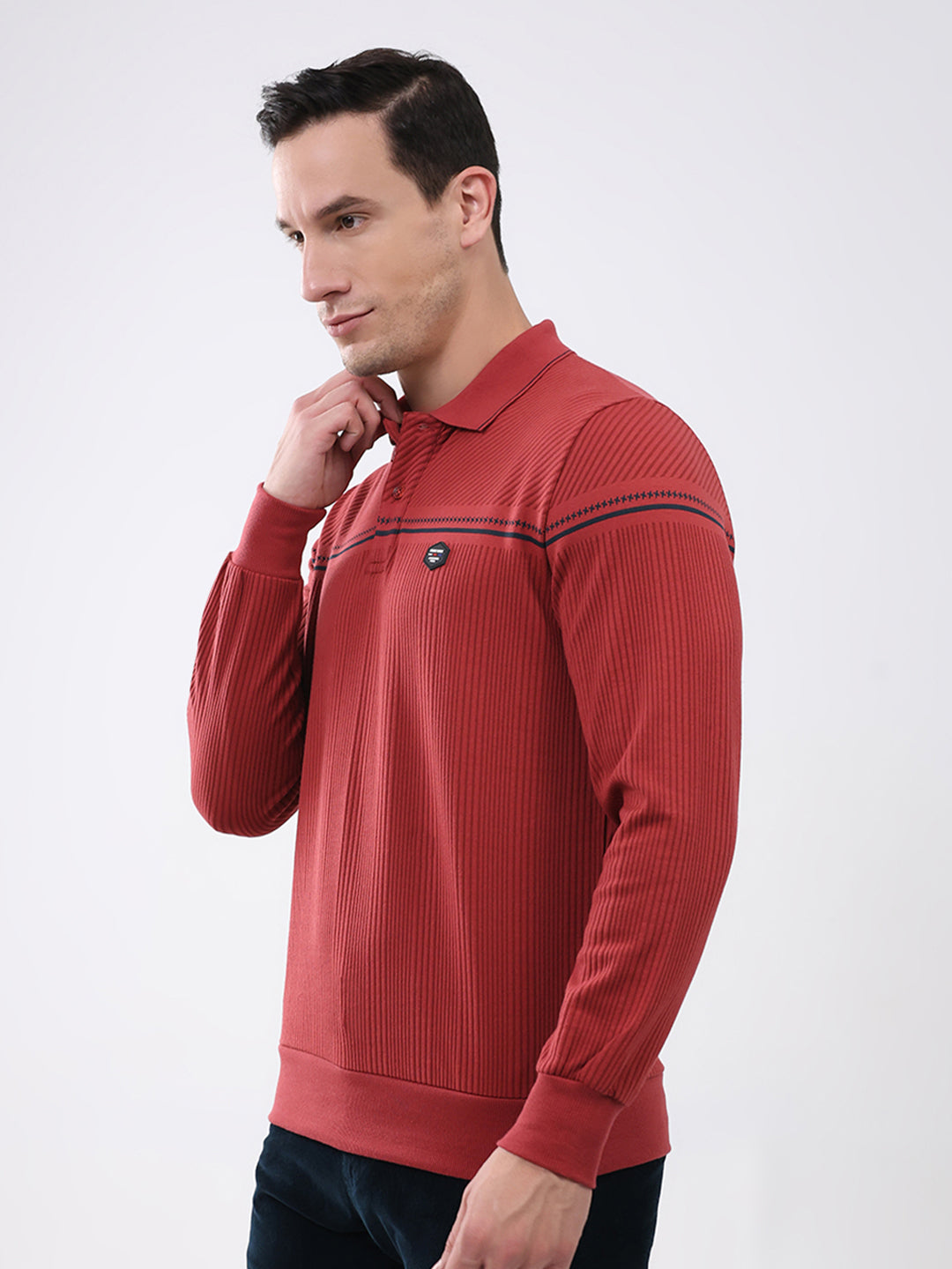 Men Red Self Design Collar Full Sleeve Winter T-Shirt