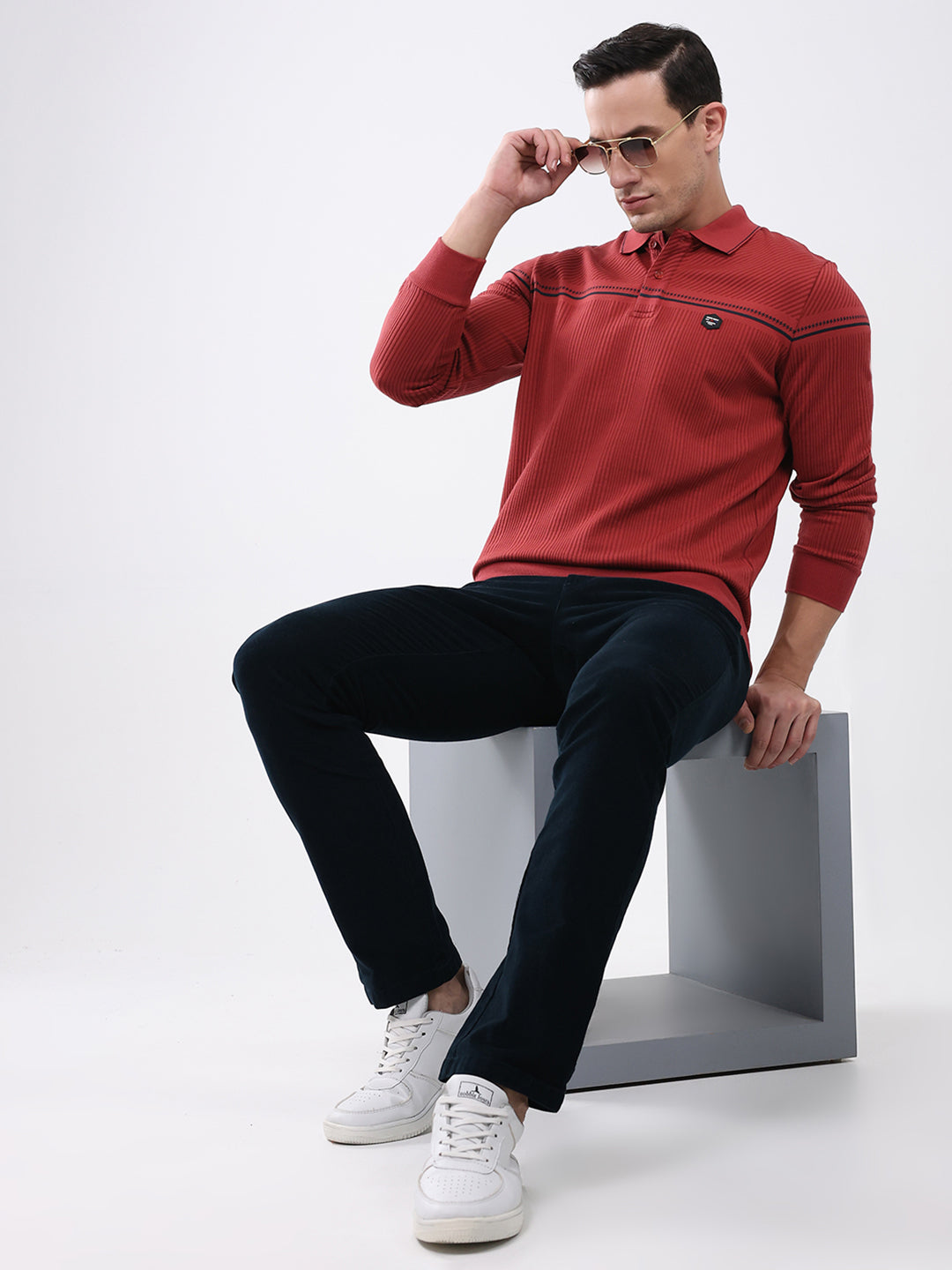 Men Red Self Design Collar Full Sleeve Winter T-Shirt