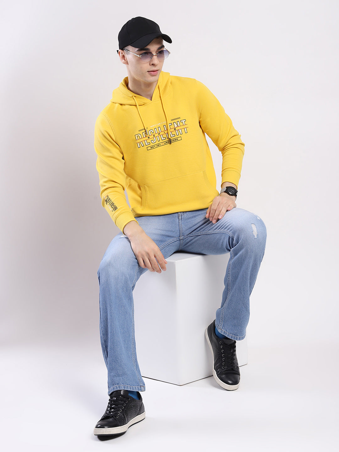Men Yellow Printed Hooded Full Sleeve Winter T-Shirt