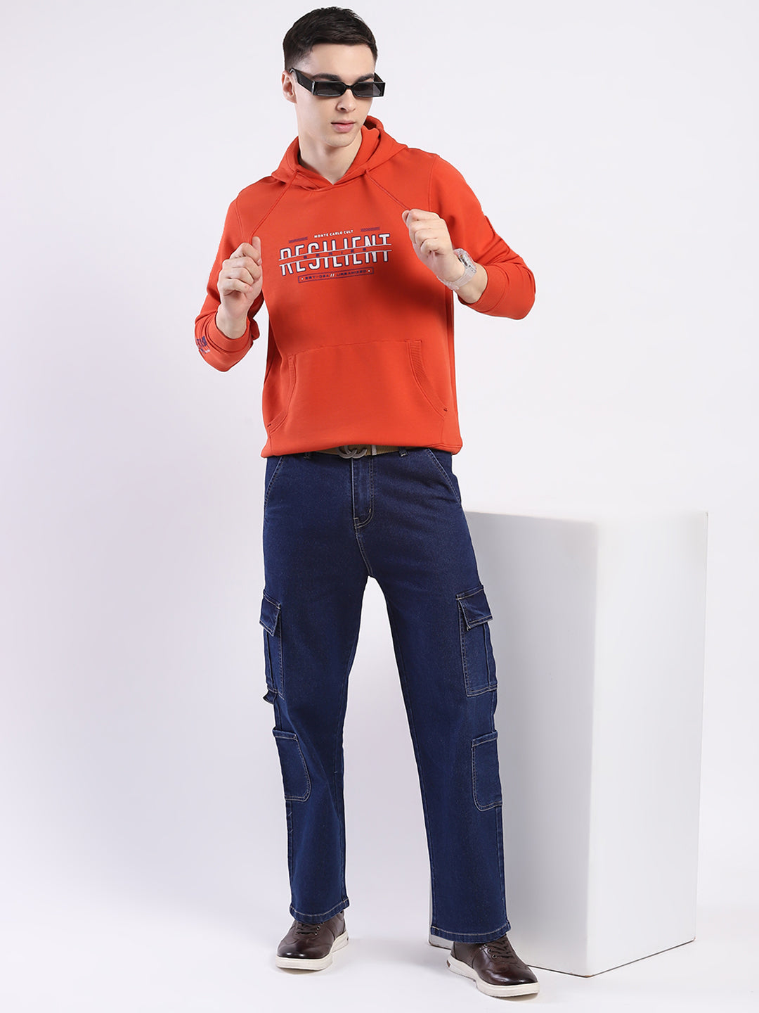 Men Rust Printed Hooded Full Sleeve Winter T-Shirt