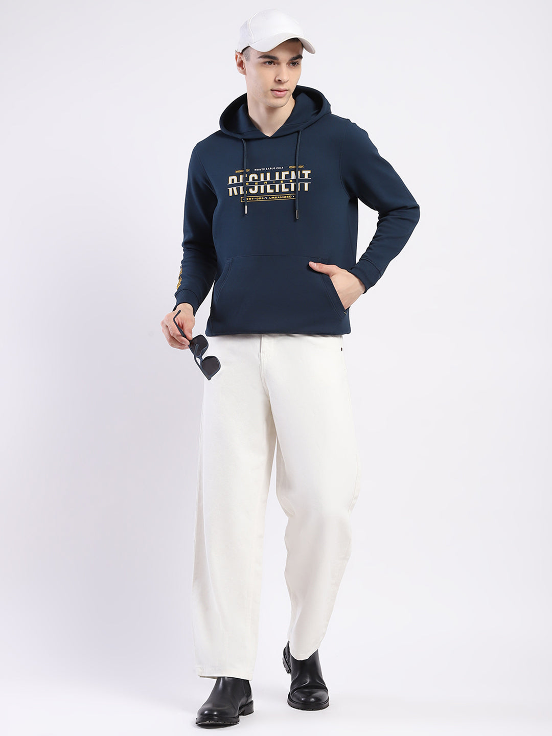 Men Teal Blue Printed Hooded Full Sleeve Winter T-Shirt