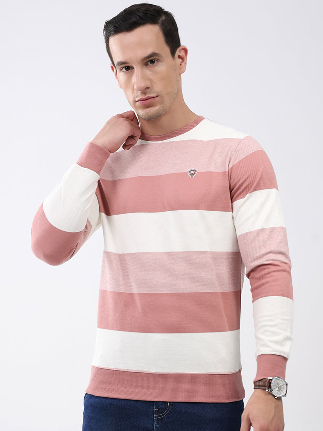 Men Peach Stripe Round Neck Full Sleeve Winter T-Shirt