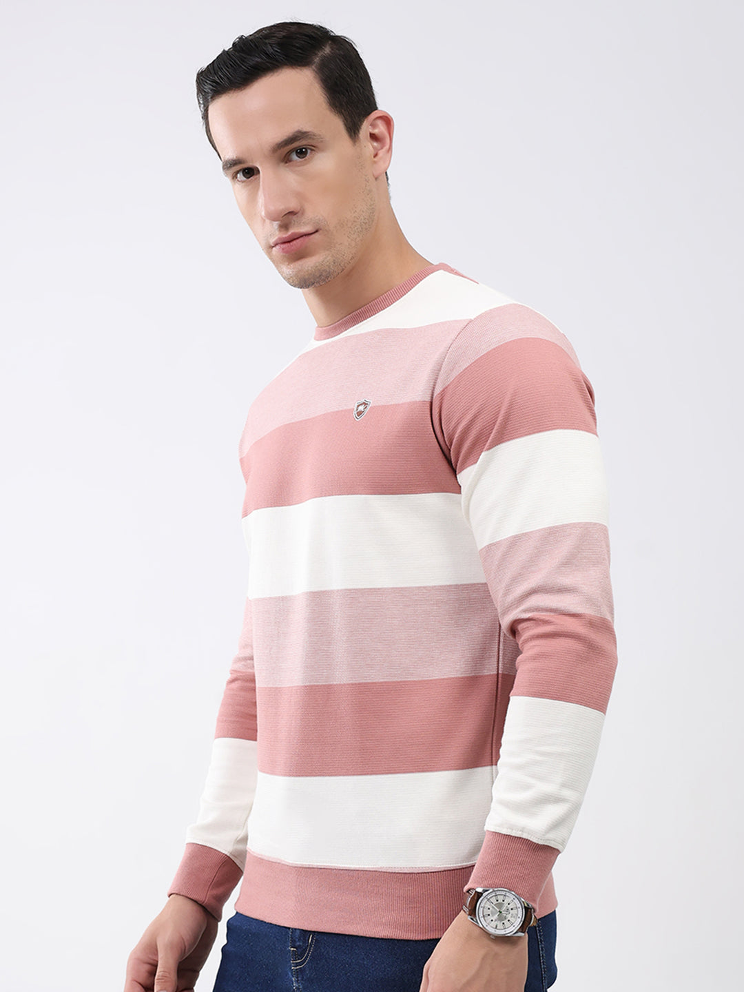 Men Peach Stripe Round Neck Full Sleeve Winter T-Shirt