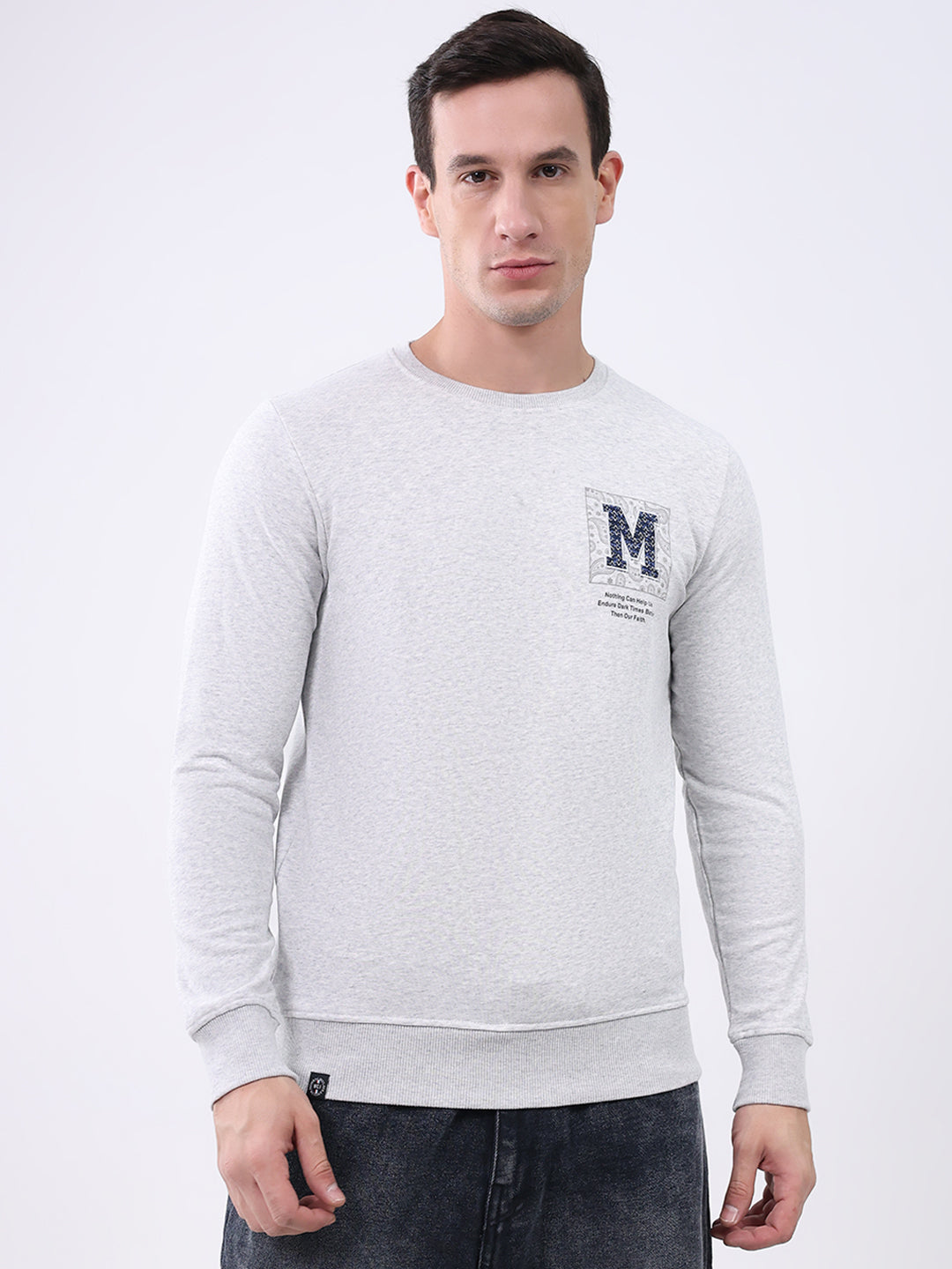 Men Grey Solid Round Neck Full Sleeve Winter T-Shirt
