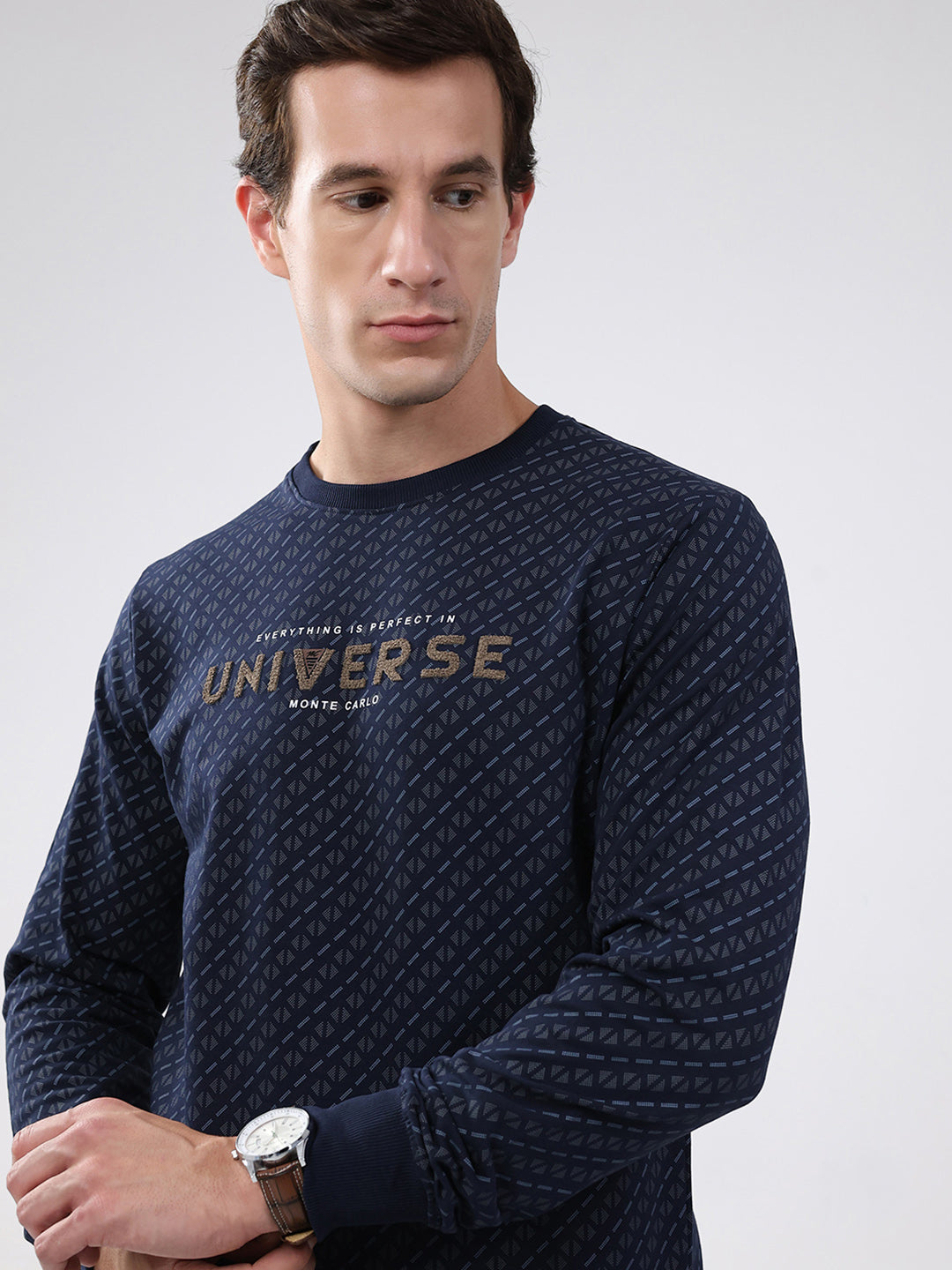 Men Navy Blue Printed Round Neck Full Sleeve Winter T-Shirt