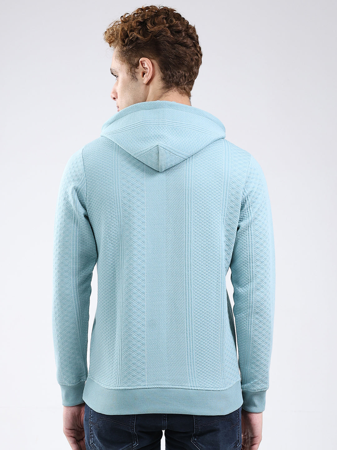 Men Blue Printed Hooded Full Sleeve Sweatshirt