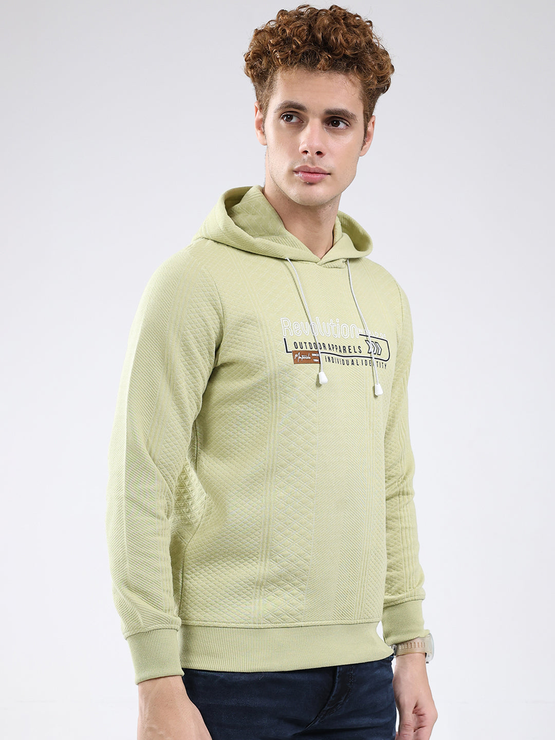 Men Green Printed Hooded Full Sleeve Sweatshirt