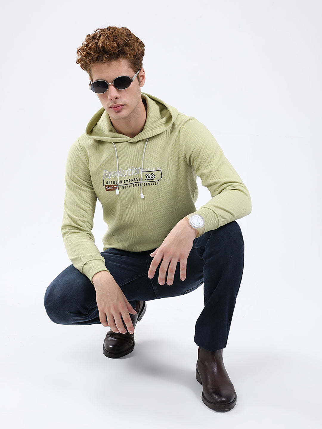 Men Green Printed Hooded Full Sleeve Sweatshirt