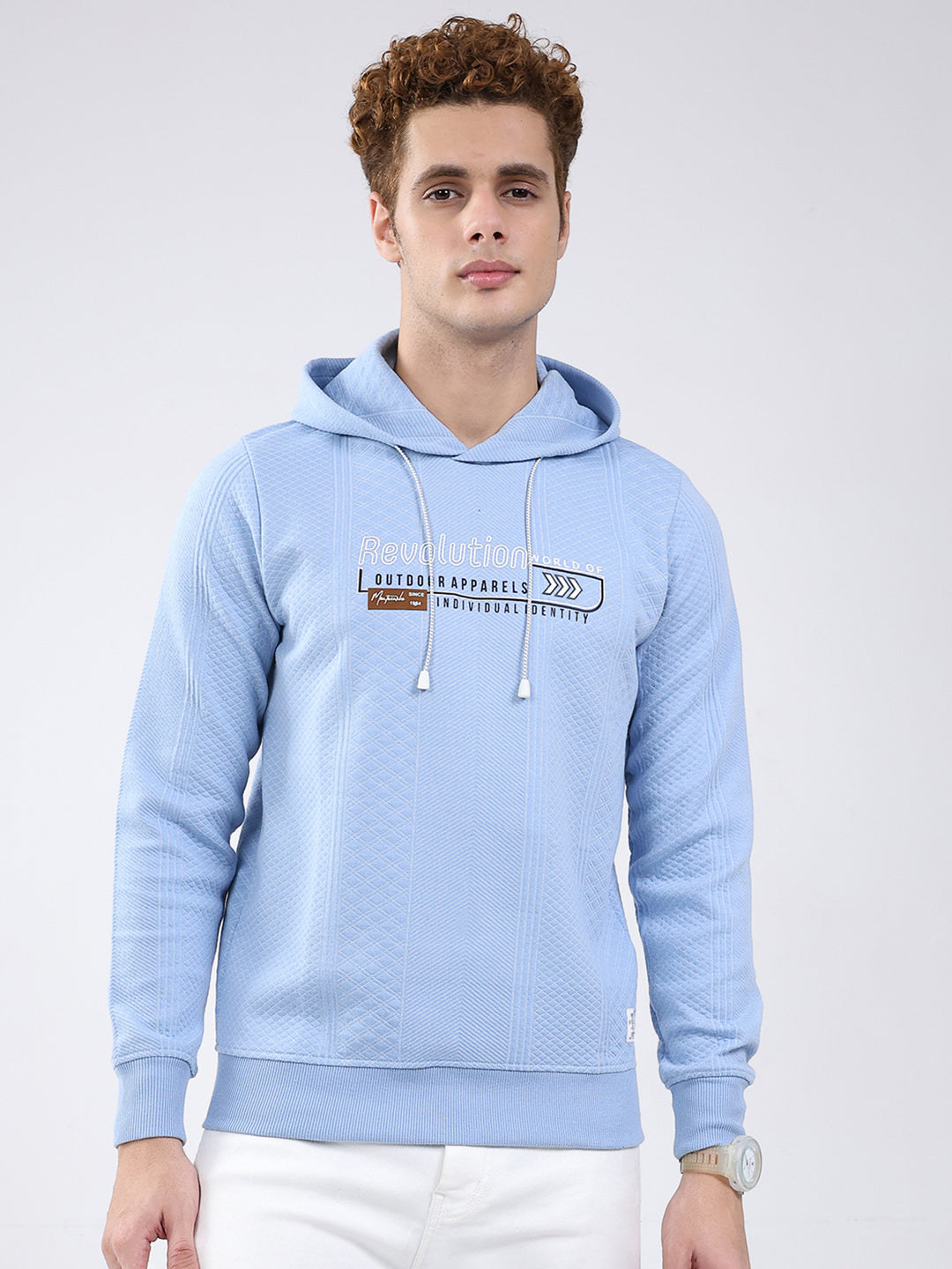 Men Sky Blue Printed Hooded Full Sleeve Sweatshirt